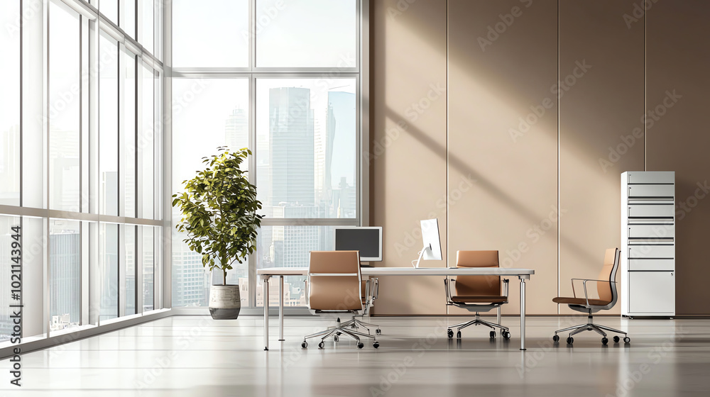 Modern office interior featuring a sleek desk, comfortable chairs, large windows with city views, and a green plant for a touch of nature. Modern office interior featuring a sleek desk, comfortable chairs, large windows with city views, and a green plant for a touch of nature.