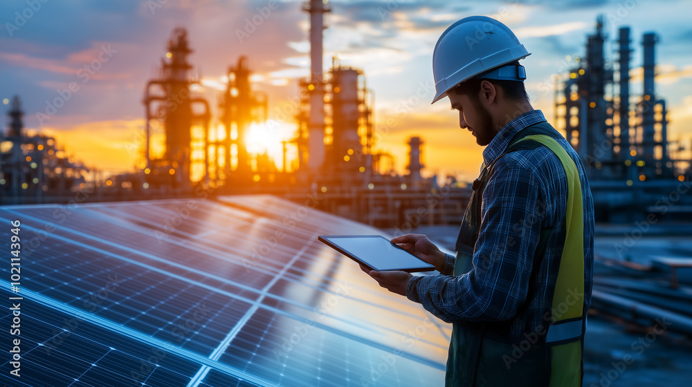 Double Exposure, Engineer, Solar Panel and Oil Refinery, Industrial Technology Concept, Smart Energy, Industry 4.0, Factory Automation Double Exposure, Engineer, Solar Panel and Oil Refinery, Industrial Technology Concept, Smart Energy, Industry 4.0, Factory Automation