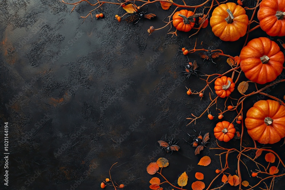Modern Halloween background with pumpkins, branches with bats, spiders decorations on black. Flat lay, top view, copy space. with generative ai
