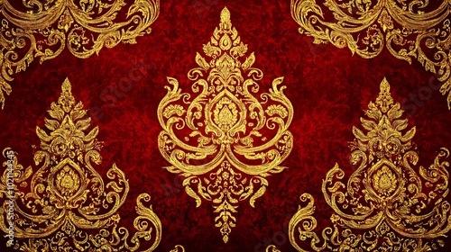 Classic Thai ornamental pattern with golden curves and motifs on a deep burgundy fabric