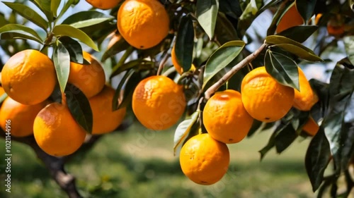 Ripe oranges hanging trees
