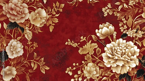 Thai-inspired floral pattern with elegant gold detailing on a rich red background