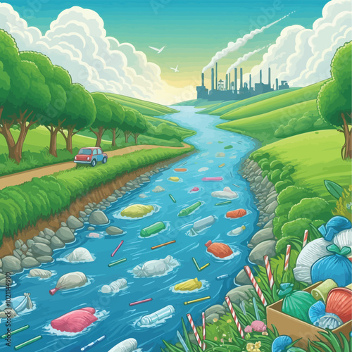 river flowing through a beautiful countryside, but water is filled plastic bags vector illustration 