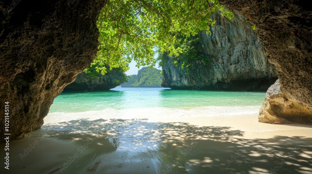 Fototapeta premium Serene Hidden Cove in Unseen Thailand - Tranquil View of Soft Sand Beach and Gentle Waves, Perfect for Relaxation and Peace, Ultra Detailed Shot