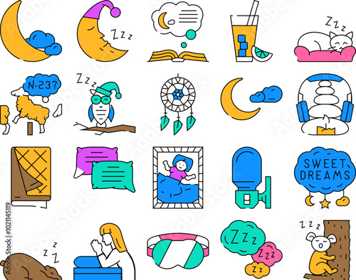 sleep bed pillow dream night icons set vector. healthy relax, bedroom rest, young person, room lifestyle, happy, home, female lying sleep bed pillow dream night color Contour Illustrations