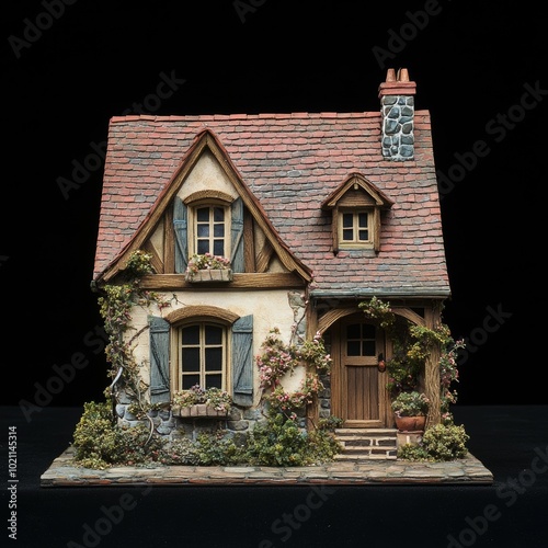 A miniature three-dimensional model of a home, with a cute exterior and tiny windows, set against a black background photo