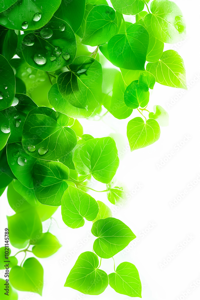 Fresh green leaves adorned with droplets of water catch the light, celebrating the essence of nature in a bright, minimalist setting that highlights their lushness and vitality Fresh green leaves adorned with droplets of water catch the light, celebrating the essence of nature in a bright, minimalist setting that highlights their lushness and vitality