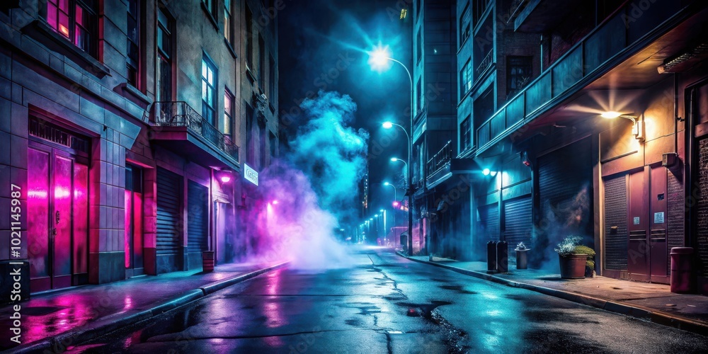 A mysterious, smoky city alleyway with glowing neon lights and wet pavement A mysterious, smoky city alleyway with glowing neon lights and wet pavement