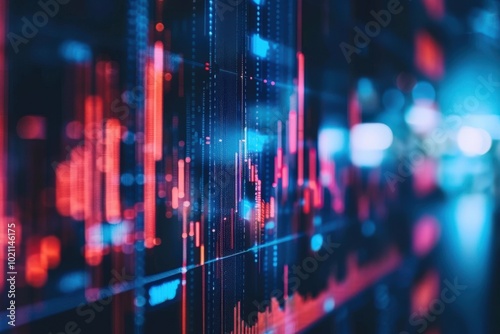 A cityscape with a lot of red and blue lights, generative ai image