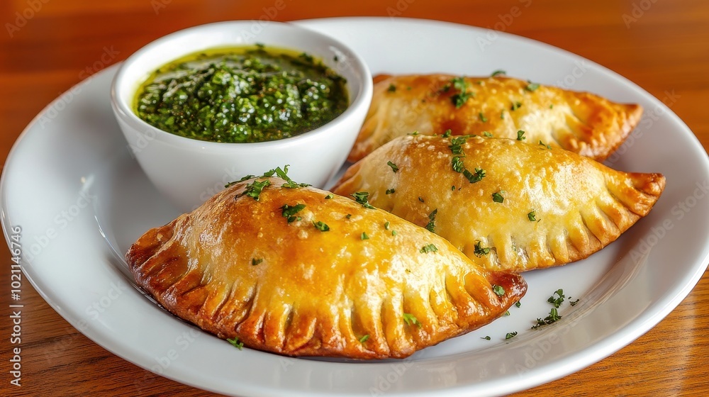Beef empanadas served with a side of chimichurri dipping sauce, rustic presentation Beef empanadas served with a side of chimichurri dipping sauce, rustic presentation