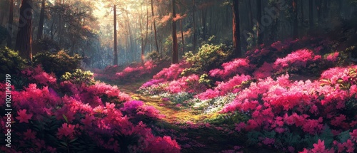 Sunlit forest path surrounded by vibrant pink azaleas in full bloom.