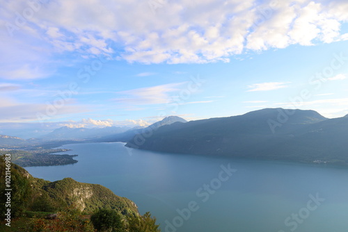 Aerial sunset view of Bourget lake in Savoie, Alps, France