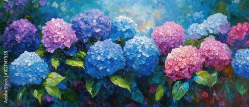 Vibrant hydrangea blossoms in shades of blue, pink, and purple under a bright, clear sky.