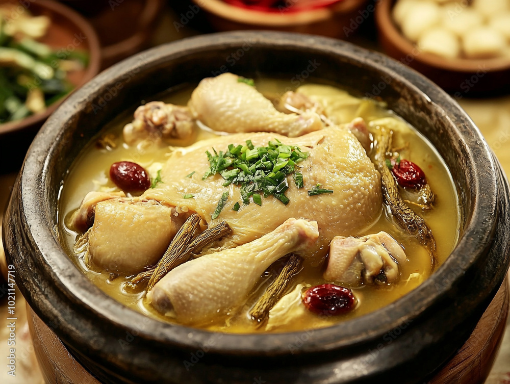 A pot of Korean soup with chicken and vegetables in it. A pot of Korean soup with chicken and vegetables in it.