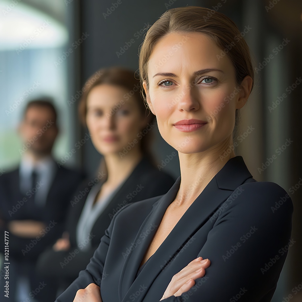 A confident woman stands in front of two colleagues in a professional setting, showcasing leadership and teamwork. A confident woman stands in front of two colleagues in a professional setting, showcasing leadership and teamwork.