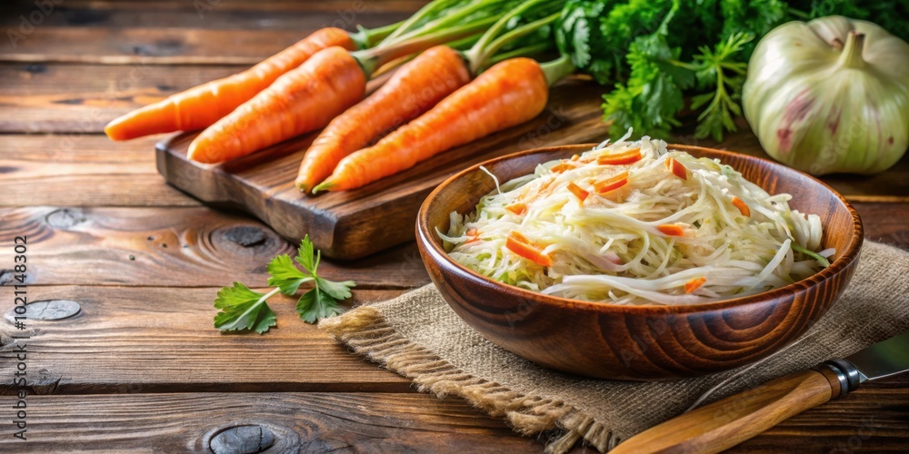 A wooden bowl of fresh, shredded cabbage salad with chopped carrots, sitting on a rustic burlap napkin, against a backdrop of carrots on a wooden cutting board. A wooden bowl of fresh, shredded cabbage salad with chopped carrots, sitting on a rustic burlap napkin, against a backdrop of carrots on a wooden cutting board.