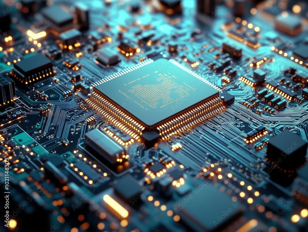 Fototapeta premium a close-up view of a high-tech PCB (Printed Circuit Board) with various electronic components.