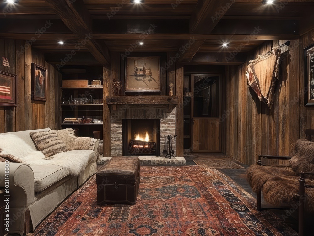 Cozy rustic basement with wood-paneled walls, a fireplace, and thick wool rugs Cozy rustic basement with wood-paneled walls, a fireplace, and thick wool rugs