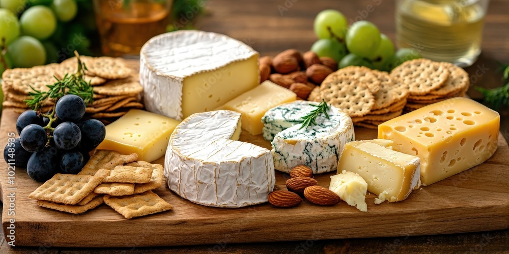 A rustic cheese platter with various cheeses, nuts, grapes, and crackers on a wooden board. A rustic cheese platter with various cheeses, nuts, grapes, and crackers on a wooden board.