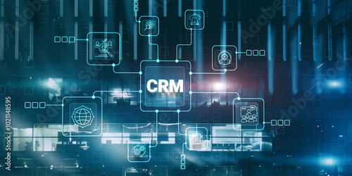 CRM. Customer Relationship Management on modern city background