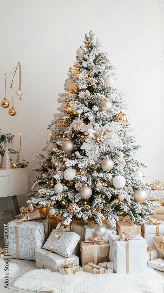Elegantly decorated Christmas tree with snow-flocked branches, adorned in white and gold ornaments, surrounded by wrapped gifts on plush rug. Elegantly decorated Christmas tree with snow-flocked branches, adorned in white and gold ornaments, surrounded by wrapped gifts on plush rug.