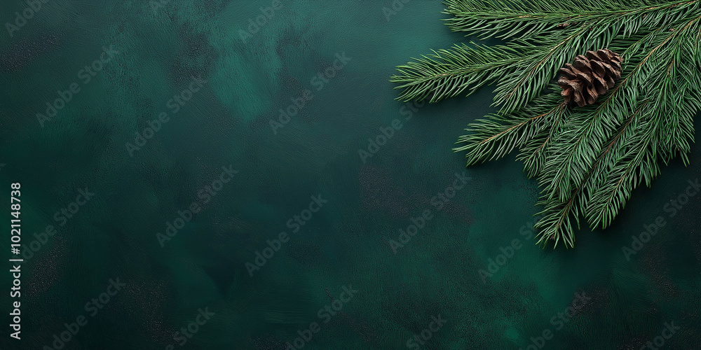 Christmas card, Christmas tree branches with pine cones on a dark green background with copy space. Advertising banner. Christmas card, Christmas tree branches with pine cones on a dark green background with copy space. Advertising banner.