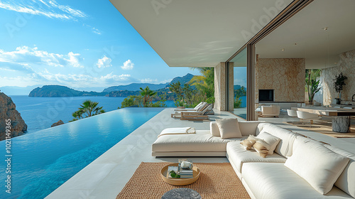 Luxury modern house interior with view on the outside pool