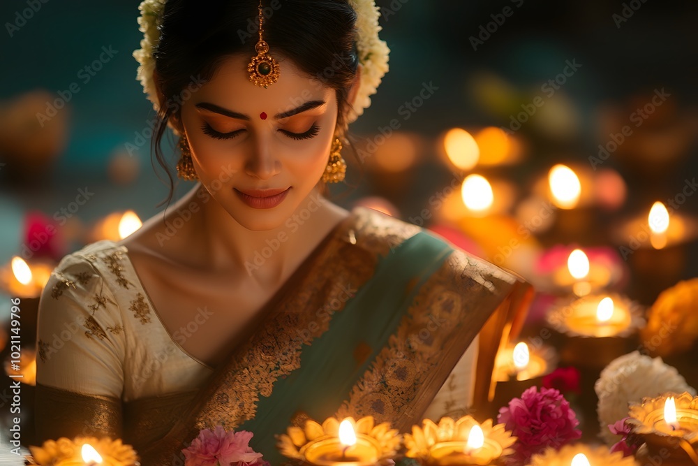 Woman in Teal Saree with Golden Jewelry and Candles Woman in Teal Saree with Golden Jewelry and Candles