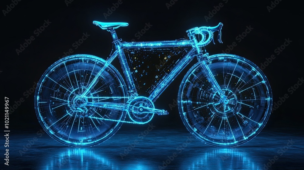 Fototapeta premium Glowing blue bicycle with transparent digital wheels set against a dark background with room for text or branding