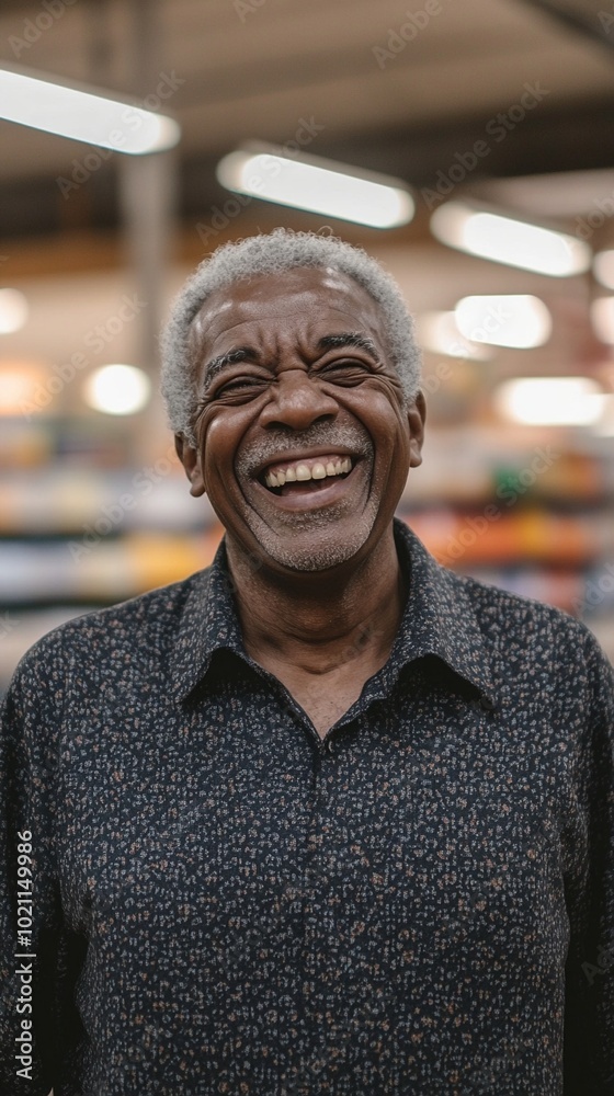 Joyful senior African American man with gray hair and warm smile, wearing a dark sweater, radiates happiness in a brightly lit indoor setting. Joyful senior African American man with gray hair and warm smile, wearing a dark sweater, radiates happiness in a brightly lit indoor setting.