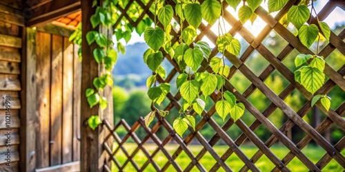 Sunlight Filtering Through a Lattice of Wooden Slats and Lush Greenery photo