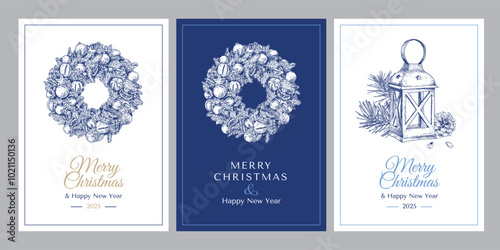 Christmas and New Year greeting cards hand drawn