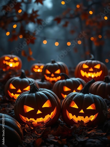 Halloween background with glowing jack lantern pumpkins lights and autumn leaves halloween backdrop