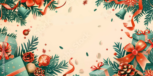 Christmas Wreath Frame with Pine, Holly, and Red Ball Ornament for Winter Holiday Card Design,Generated By Ai