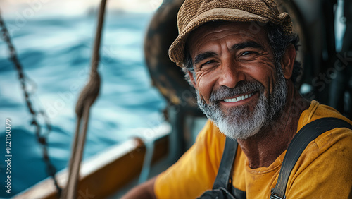 Mixed Race Fisherman - fisherman, sea, ocean, smile, portrait, fishing, boat, worker, man, outdoor, water, happiness, lifestyle, coastal, adventure, maritime, labor