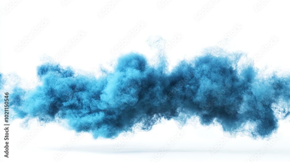 A vibrant blue smoke cloud gracefully dispersing against a white background.