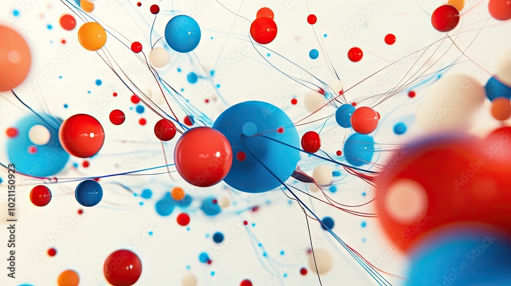 Abstract representation of molecular structures with vibrant red, blue, and orange spheres interconnected by thin wires. Abstract representation of molecular structures with vibrant red, blue, and orange spheres interconnected by thin wires.