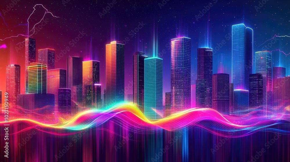 A vibrant city skyline at night, illuminated with neon lights in various colors creating a stunning visual effect. A vibrant city skyline at night, illuminated with neon lights in various colors creating a stunning visual effect.