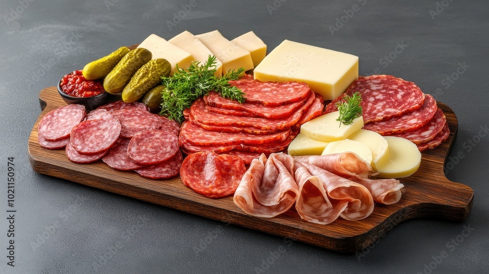 Charcuterie board featuring a variety of cured beef cuts, cheeses, and pickles Charcuterie board featuring a variety of cured beef cuts, cheeses, and pickles