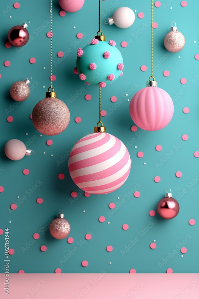 Pink and white striped Christmas balls with confetti on turquoise background. Holiday and Christmas concept. Image for greeting card. Pink and white striped Christmas balls with confetti on turquoise background. Holiday and Christmas concept. Image for greeting card.