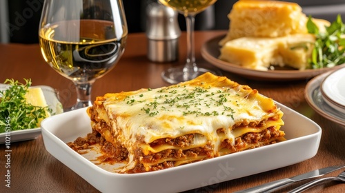 Classic beef lasagna with layers of rich meat sauce and melted cheese, served in a ceramic dish