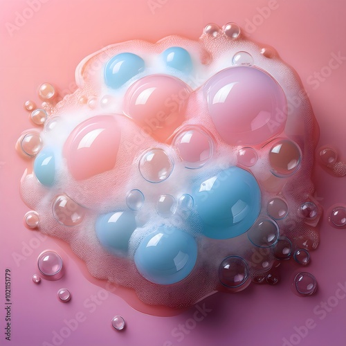 Shampoo foam with large, soft bubbles against a pastel-colored background