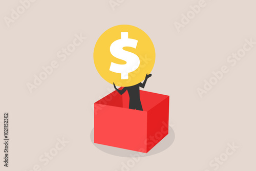 Businessman get out of  box with  coin. concept of reward, bonus or salary raise, investment and winning prize