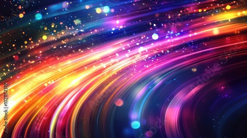 A vibrant swirl of colorful lights and sparkles creates a dynamic, energetic atmosphere.