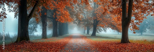 A captivating misty scene featuring a tree-lined path blanketed with vibrant autumn leaves, evoking a sense of nostalgia and peacefulness. photo