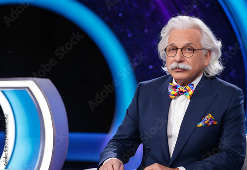 The set radiates energy with bright lights and a central stage, where an eccentric host engages contestants with challenging questions