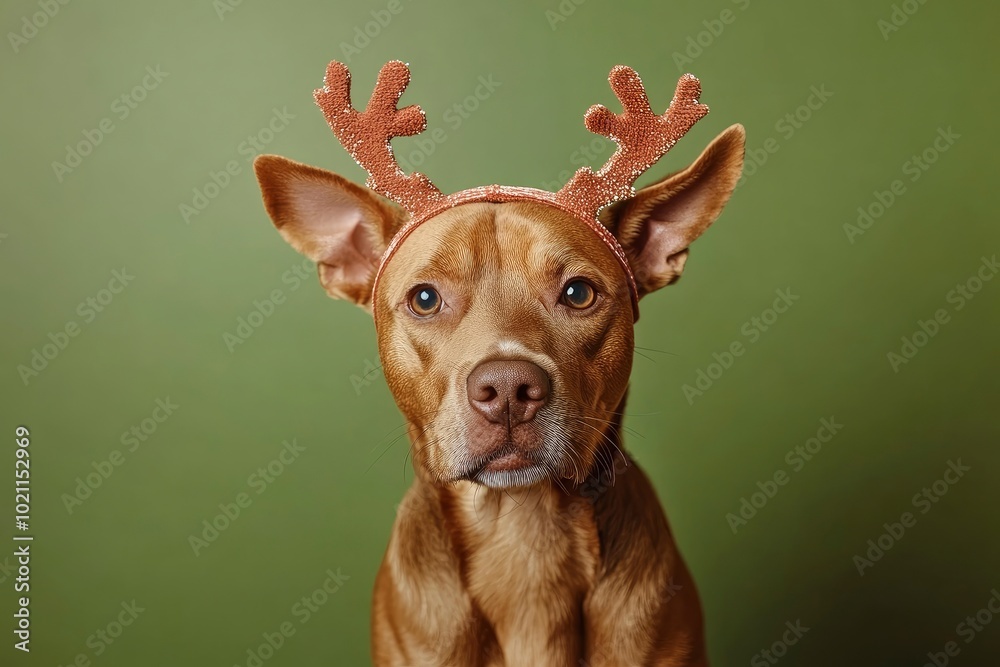 New year and Christmas concept with Dog wearing reindeer antlers headband against solid green background with generative ai New year and Christmas concept with Dog wearing reindeer antlers headband against solid green background with generative ai