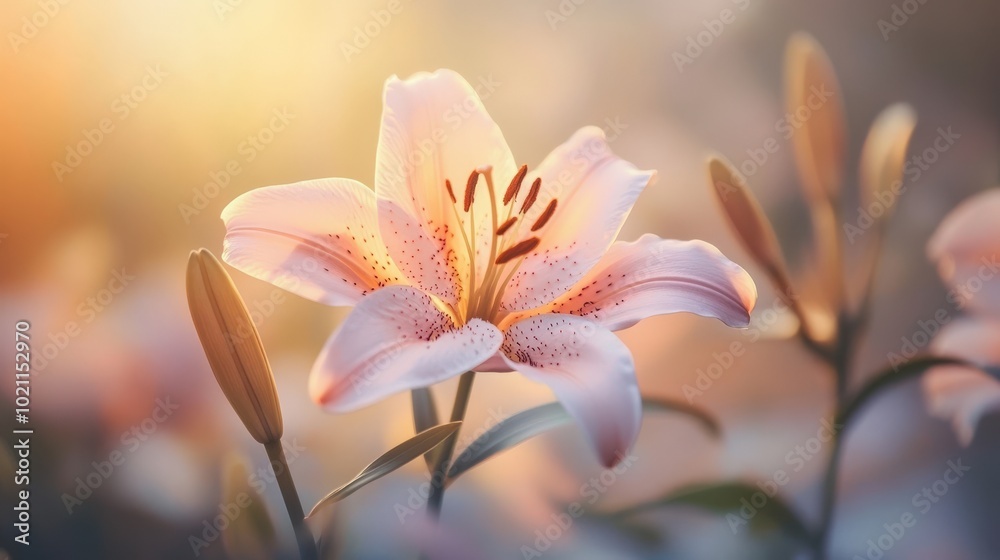 Graceful pink lily basking in warm sunrise light, capturing natural beauty and serenity. Graceful pink lily basking in warm sunrise light, capturing natural beauty and serenity.