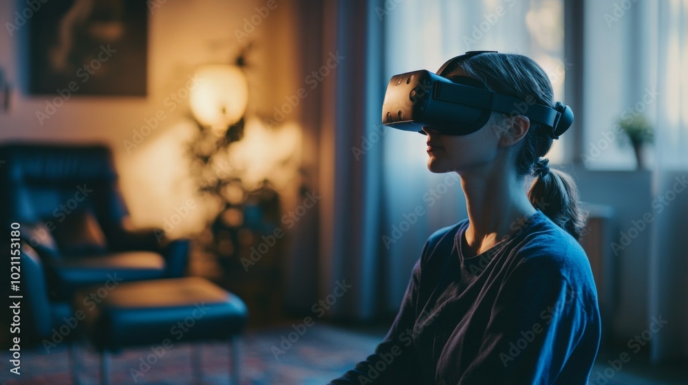 Person using virtual reality to reduce stress and enhance mental wellness, surrounded by calming visuals and gentle music Person using virtual reality to reduce stress and enhance mental wellness, surrounded by calming visuals and gentle music