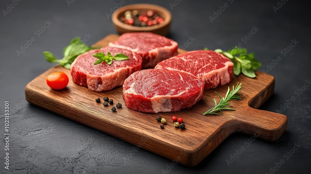 Close-up of marbled beef cuts on a rustic wooden board, garnished with herbs, premium quality meat Close-up of marbled beef cuts on a rustic wooden board, garnished with herbs, premium quality meat
